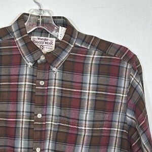 Wrangler Men's Work Wear Plaid Shirt -‎ Brown and Red Size Large Bin4